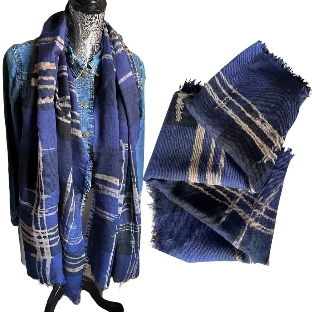Centex Plaid Scarf Blue Beige Wool Blend Fringe Oversized Wrap Shawl‎ 28